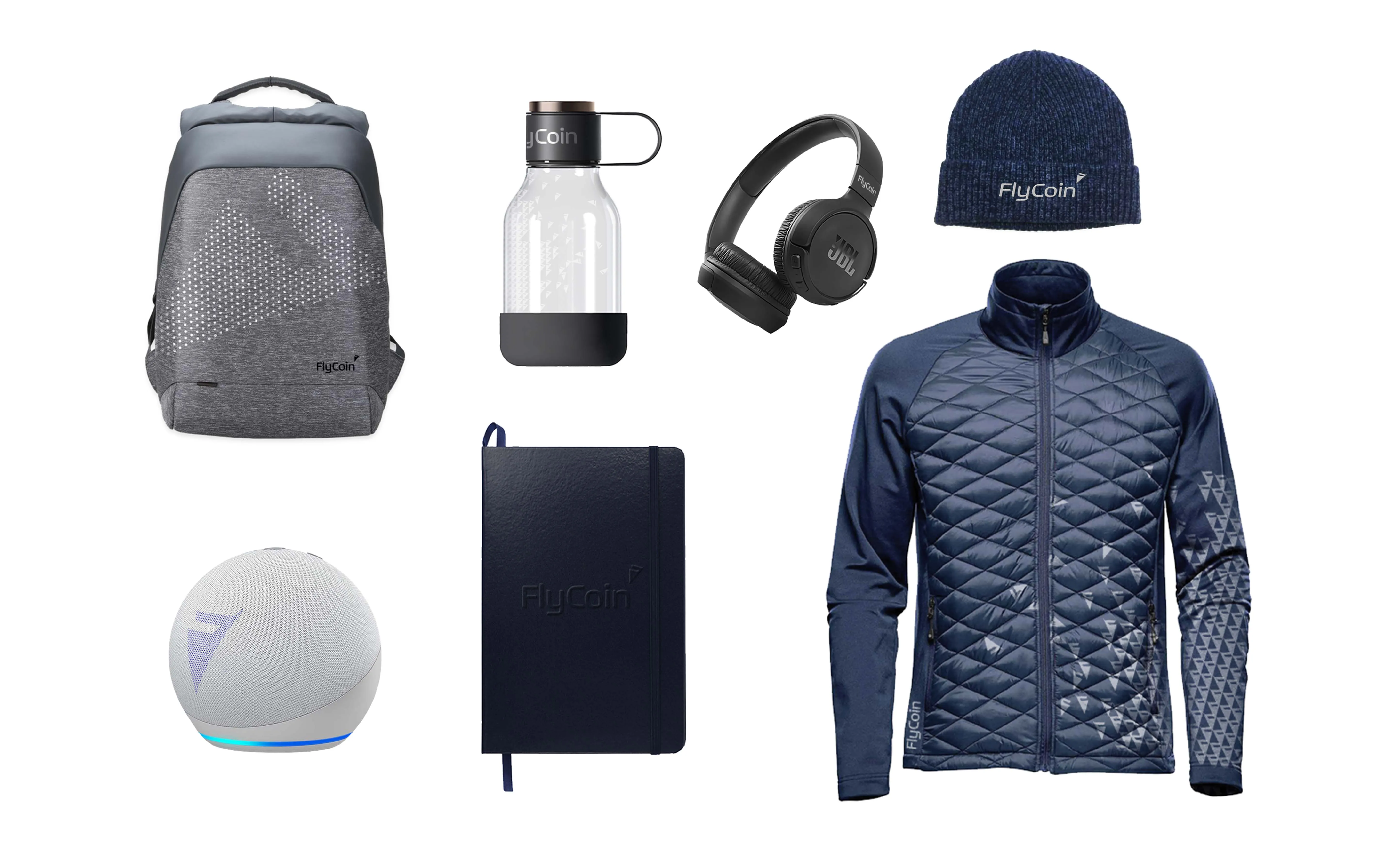 FlyCoin Backpack, water bottle, headset, beanie, speaker, notebook and sport vest with brand logo by Edmond Huot