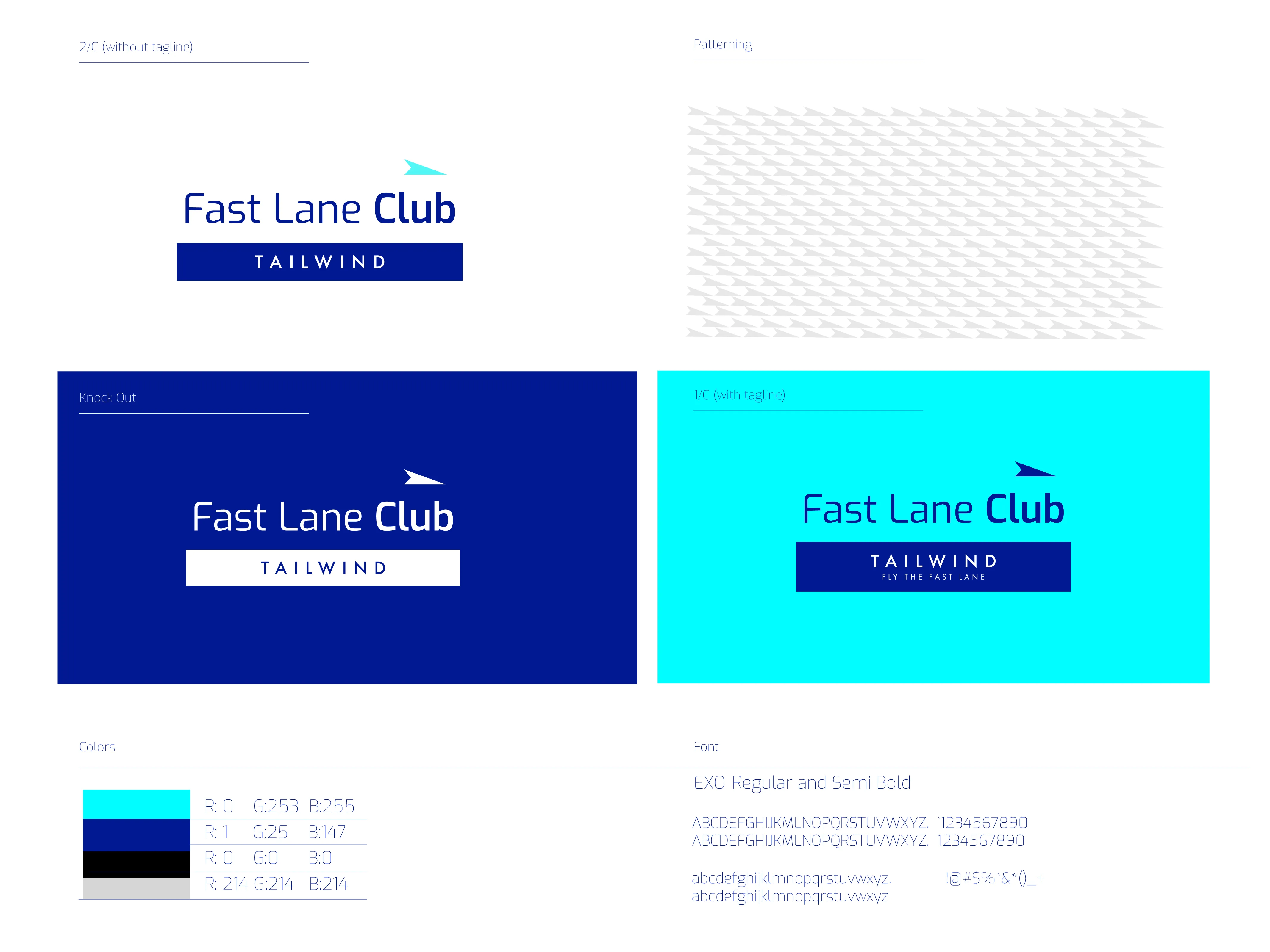 Fast Lane Club various Logo design in blue, grey and white brand colors with font family design by Edmond Huot