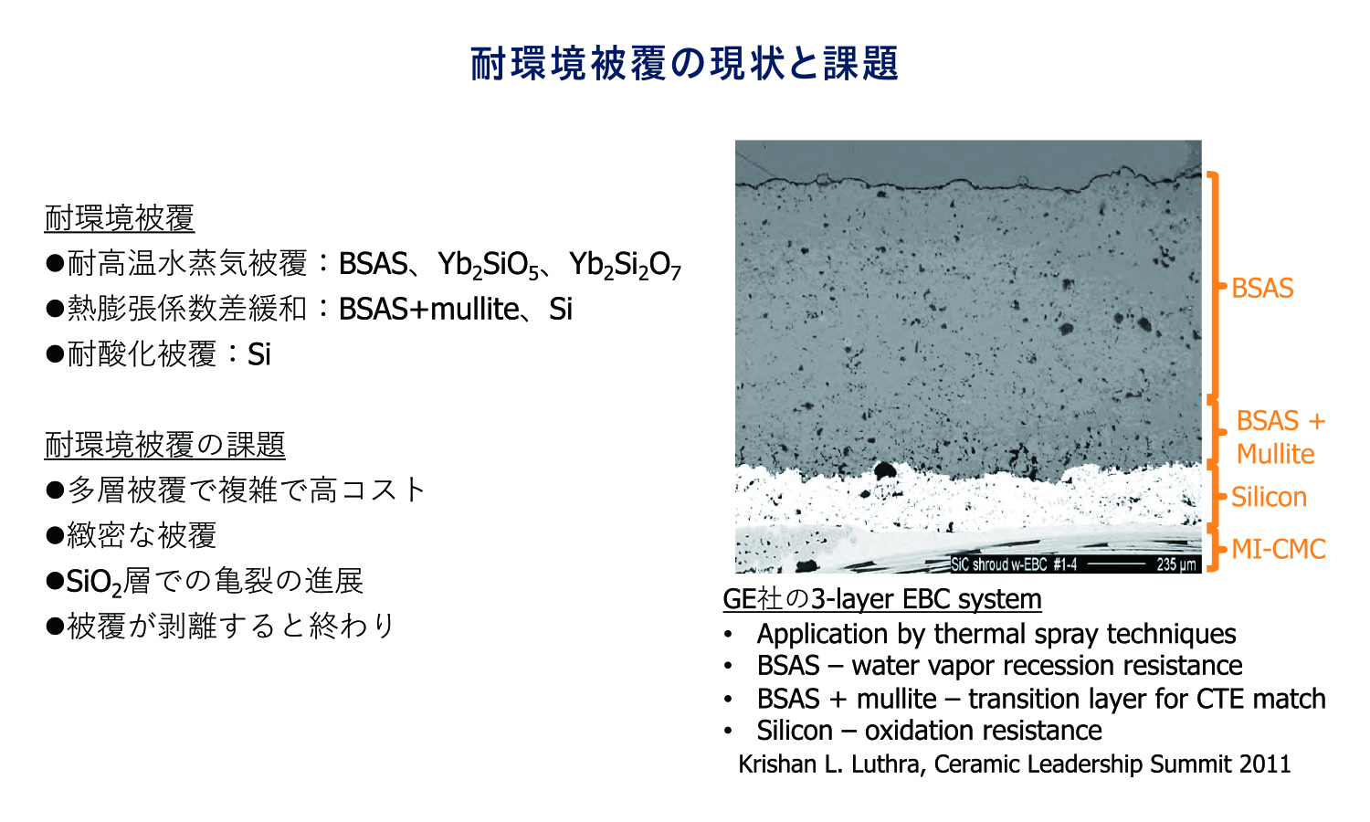 飛行機のエンジンなどでは、高温水蒸気への耐性が必要である。この耐環境皮膜として既存の材料では、シリコンの結合層にBSASという耐水蒸気皮膜をつける三重被覆の構造などが用いられている。これは多層で複雑であり、高コストであるとともに、シリコン層が酸化したときに亀裂ができ剥がれやすいという課題があった。そこで、焼結で作製したSiCを酸化させるだけで被膜を作る新しい技術を開発した。