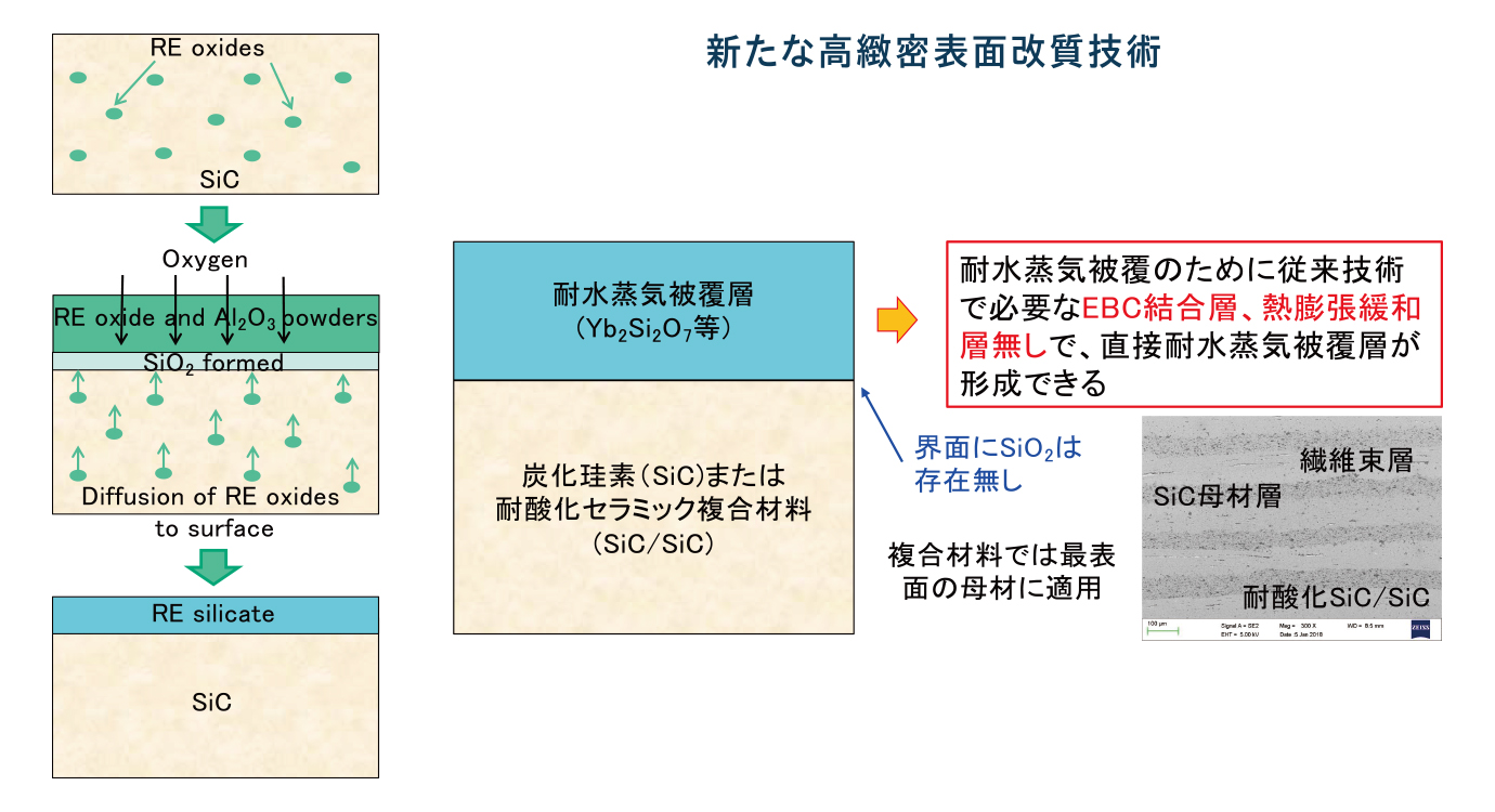 研究では、イッテリビウムオキサイド（Yb<sub>2</sub>O<sub>3</sub>）の焼結助剤を使って焼結し、酸化させると表面に形成されたSiO<sub>2</sub>と粒界のYb2O3が拡散して反応し、表面に均一なシリケート層ができることを発見した。この技術により、SiCを焼結して酸化させるだけで中間層の無いシリケート層を形成することができる。当初、被膜の厚さは20㎛であったが、高い緻密性をもつ新たな表面改質技術によって、応用の観点から求められていた100㎛の厚さも実現した。