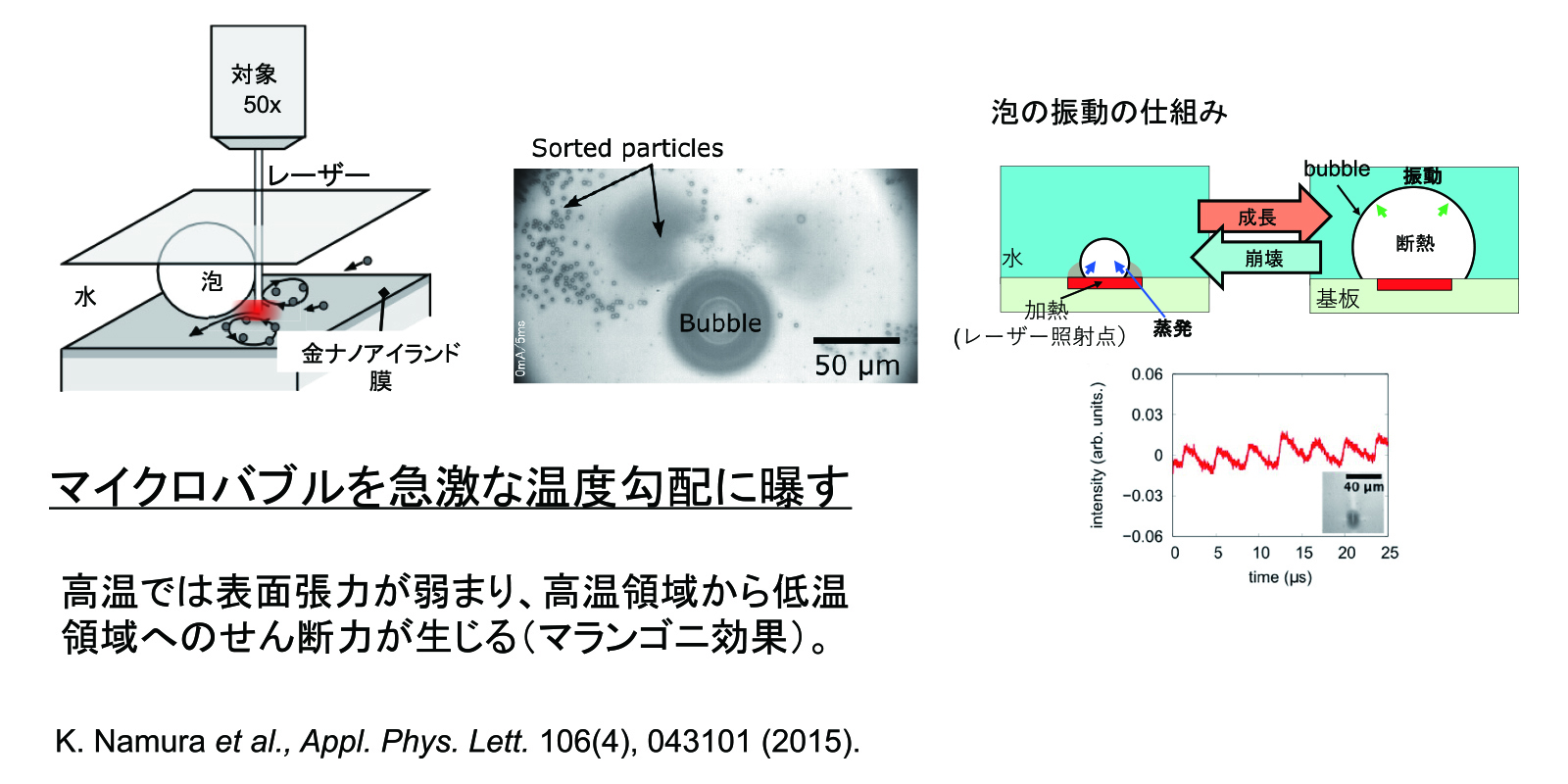 金(Au)の薄膜や鉄シリコン(FeSi2)など、レーザーをあてると光を吸収し熱を出す膜がある。そこにレーザーをあてて加熱すると、局所的に沸騰が起きて泡ができる。泡にレーザーを当てると温度勾配ができ、泡の表面張力が不釣り合いになることでマランゴニ力が働く。表面張力が不均一になり、その差が液体表面で流れを生み、さらに液体内部に伝わることでマランゴニ対流が起き、泡の周りに水流ができる。この時、水を脱気しておくと泡が小さくなる。