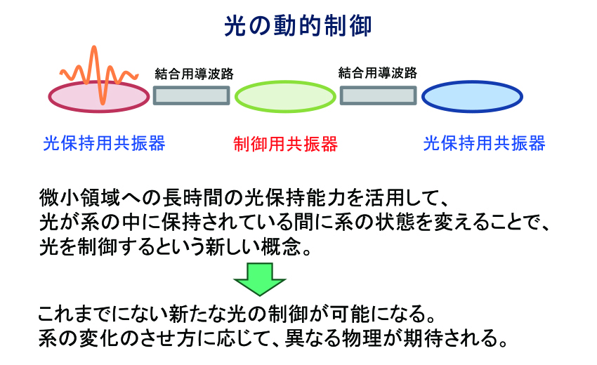 微小領域への長時間の光保持能力を活用して、光が系の中に保持されている間に系の状態を変えることで、光を制御するという新しい概念を提案した。 １㎛ぐらいの小さい領域に光を閉じ込め、その間に共振器の状態を変えることができる。 そのため、光を保持する共振器と、系の状態を制御する電子回路を融合した共振器結合系を開発した。