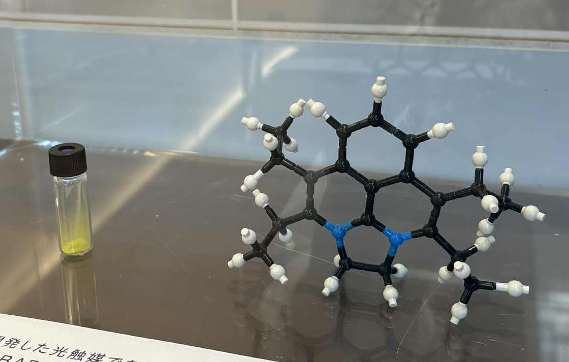 開発した光触媒であるジアザベンゾアセナフテニウム（<i>N</i>-BAP、実物）とその分子模型。