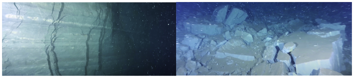 富山大学の先生と共同研究で水中ドローンによる海底調査を行い。この地滑りが起きたと疑われる崖を撮影した。 海底地形は通常、風化で丸みを帯びていたり、色々な生物が巣穴をつくったりしているが、撮影された映像から刃物できったような鋭利な断面であることが確認できた。このことから、最近崩れてできた崖であり、この地震が原因であろうと結論づけた。