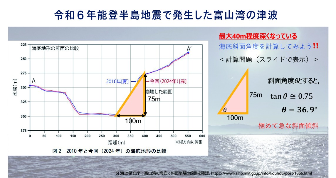 富山湾の沖では、2010年に海上保安庁が海底地形調査を行っており、2024年、地震発生した直後にも行っている。この差分をとると、70～80ｍの落差で海底が削られ水深が深くなっていることがわかリ、今回の地震で地滑りが起きたのではないかと考えられた。