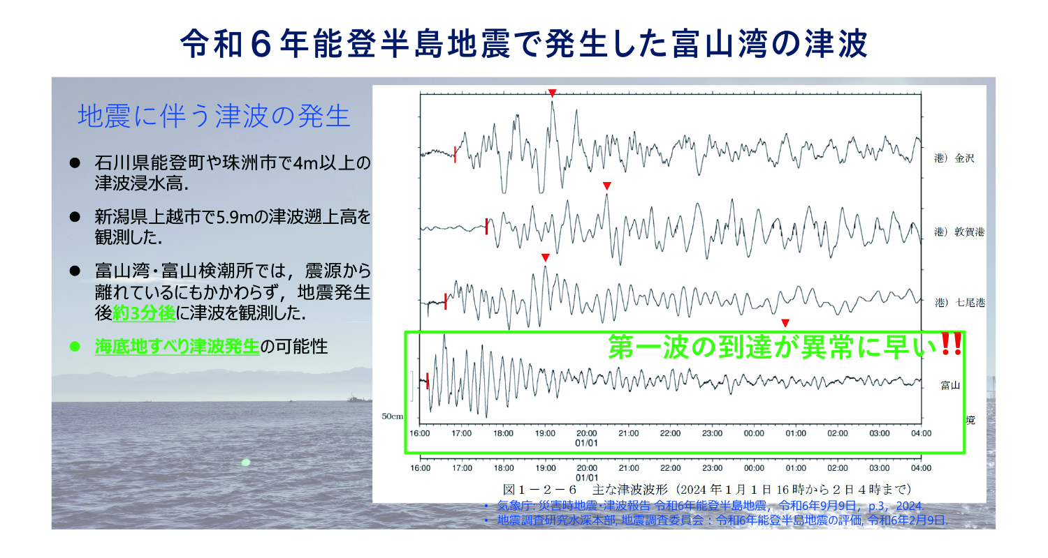海底にも斜面があり、陸上と同じように強い揺れがあると地すべりがおきる。それにより海水面に影響があり、津波が発生する。 2024年1月1日に発生した能登半島地震では、震源から離れた富山湾、富山県の神通川の河口にある富山検潮所にて、震源に近いところより圧倒的に早く、地震発生の16時10分の3分後に津波が観測された。