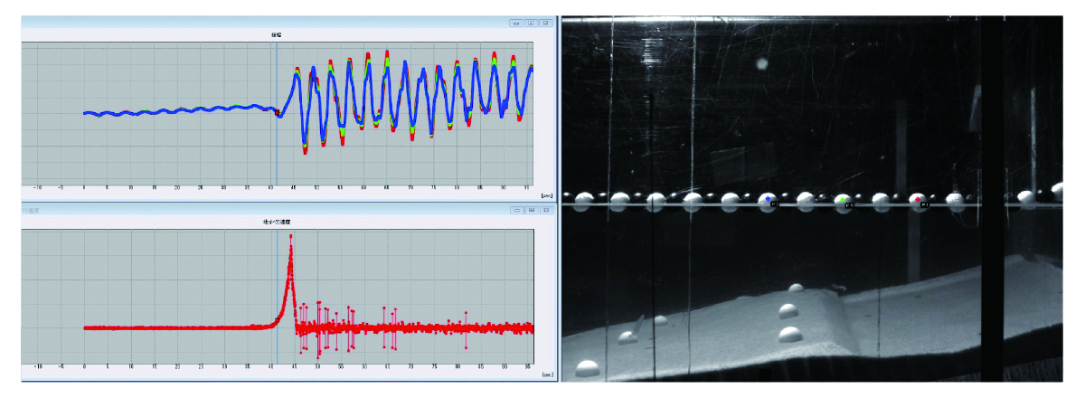 海底地すべりのよる津波の発生について、基本的なメカニズムの解明に向けて、模型実験も行っている。 長さ1～2m、深さ60cm、幅40cmの水槽の中に砂を使って模擬斜面をつくり、この斜面が地すべりを起こすと、波が発生する。この波の挙動を表面にうかせた球の動きを追跡することで、地すべり運動と津波規模の関係について理解を進める。
