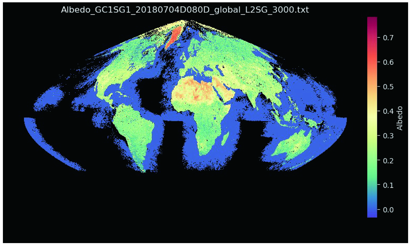 アルベドとは、太陽光の放射エネルギーに対して地球等の天体がどのくらいの割合で反射するかを示す反射率。反射率が低いほど太陽のエネルギーが地球にこもり温暖化の原因になるため、気候変動モデルにおいても使われる重要な指標である。地球の平均は0.3°であり、雪氷領域や砂漠など白いと高くなり、海や森林など暗い領域は地表面が吸収するため低くなる。画像はJAXAのSGLIで取得したデータを基に作成した全球アルベドマップの一例。