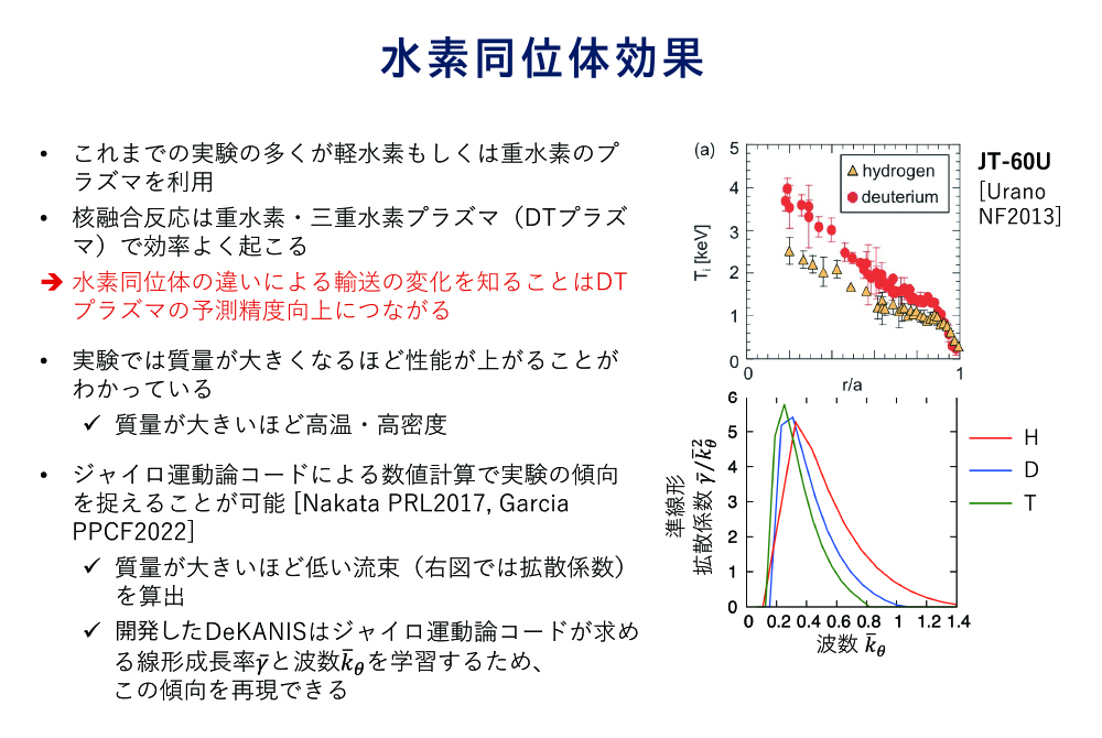 核融合反応は重水素（D）・三重水素（T）のDTプラズマによって効率よく起こるが、多くの実験は軽水素（H）や重水素のプラズマで行われてきたため、水素同位体の違いによる輸送の変化を知ることが、プラズマの予測精度の向上につながる。その予測を第一原理計算に基づいて高速に行えるモデルを機械学習を利用して開発した。乱流の流束を構成する様々な成分を、変数としてニューラルネットワークで扱えるようにモデル化した。水素同位体による乱流輸送への影響も含めた予測を可能にするニューラルネットワークモデルは世界初である。