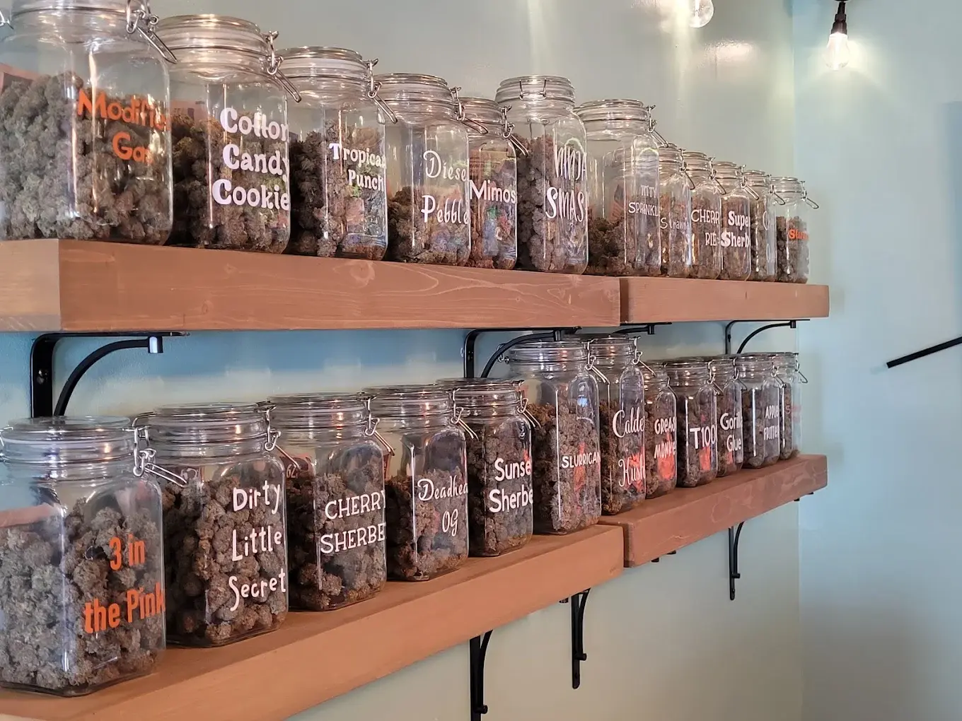 Shelf of jars of available cannabis strains at Montana Janes.