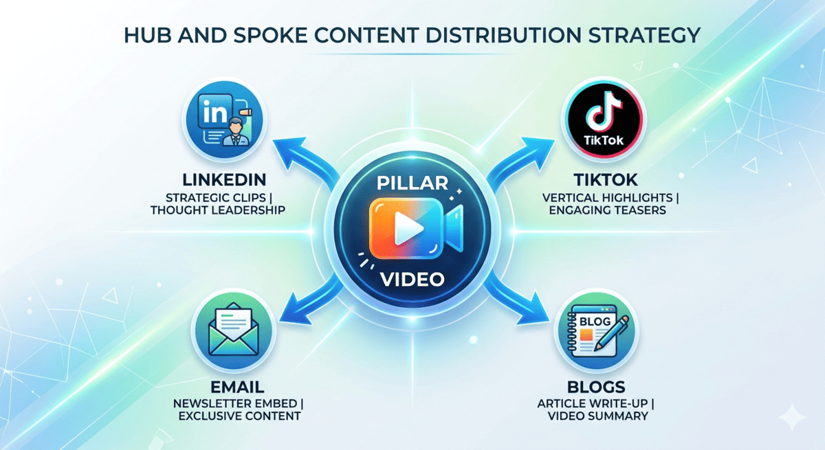 A diagram illustrating the hub-and-spoke content strategy where one pillar video feeds multiple social media channels.