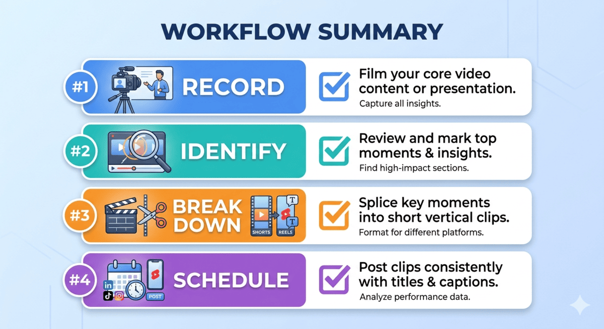 A 4-step workflow graphic for businesses to turn one video into a week's worth of content.