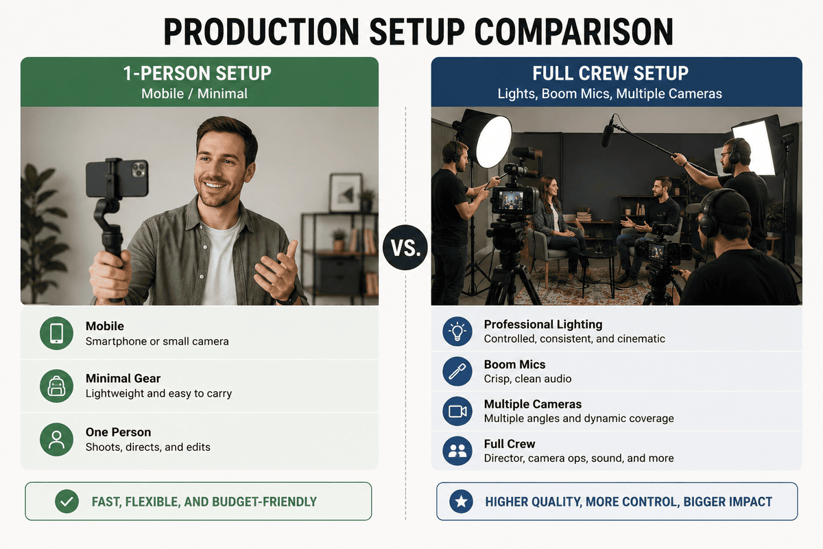 Comparison of different film crew sizes and equipment setups for Irish corporate video projects.