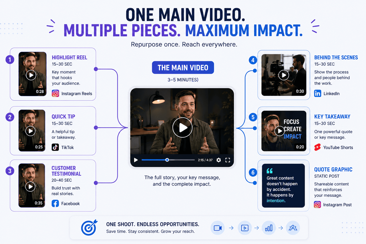 An infographic showing how to repurpose one corporate video shoot into multiple social media assets.