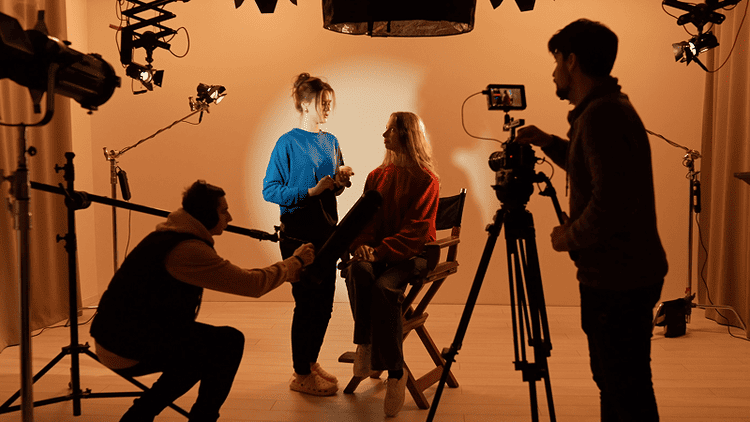 Business video production balancing visuals and marketing messaging