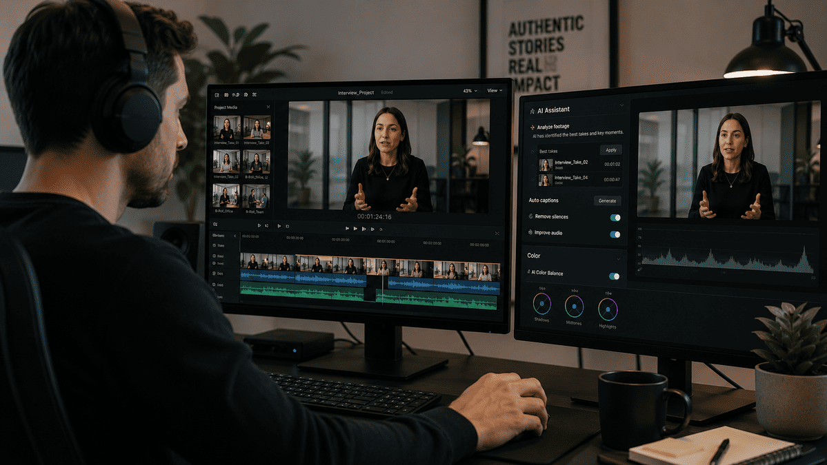 AI-assisted video editing supporting professional corporate video production