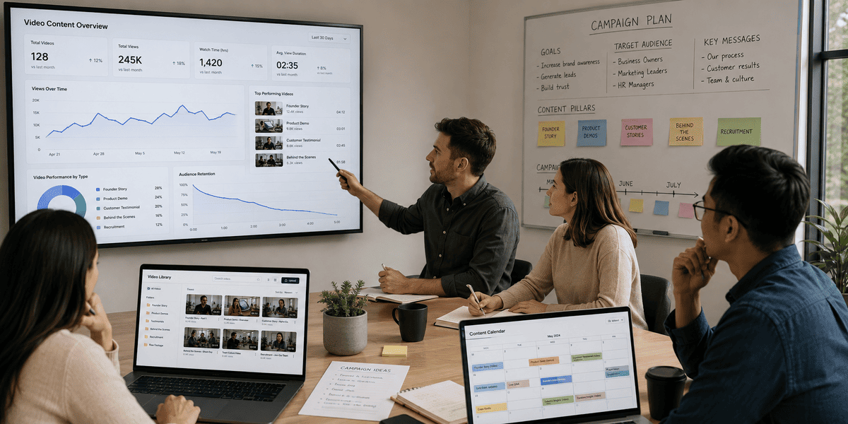 Marketing team using a video content library to support long-term business goals