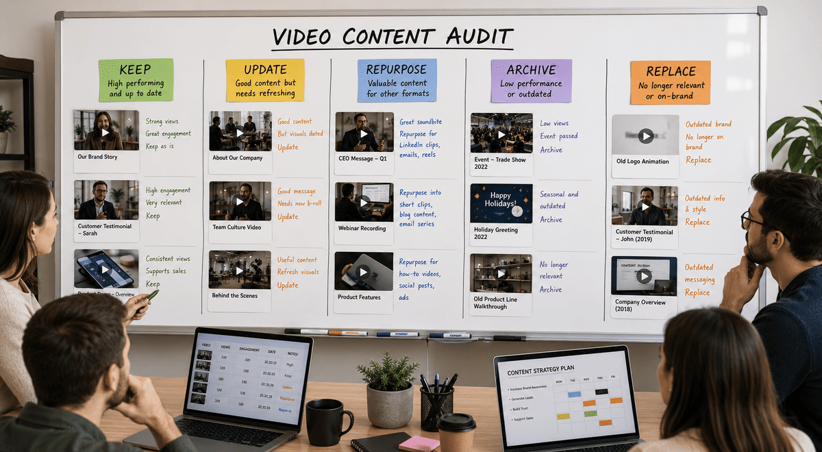 Marketing team reviewing and categorising business videos for a content library