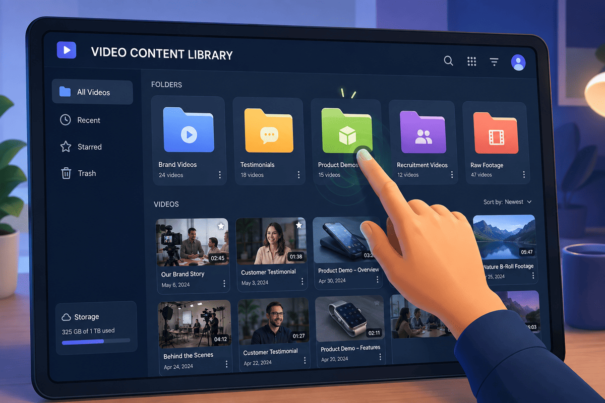 Business team using a long-term video content library to support marketing and business growth