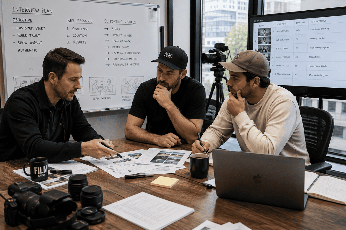 Video production team planning B-roll shots before a corporate filming day