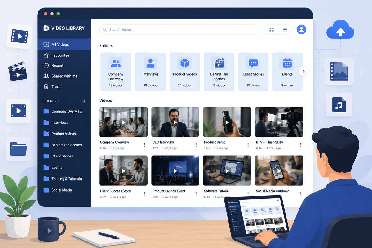 Marketing team organising B-roll footage in a long-term business video content library
