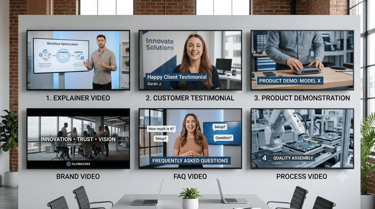 Types of website videos including explainer testimonial product and process videos