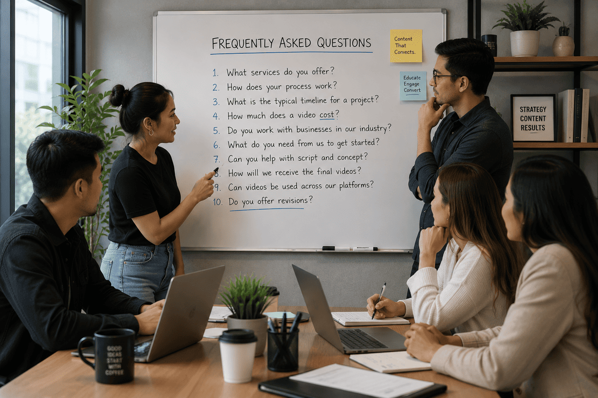 Marketing team planning website videos around common customer questions