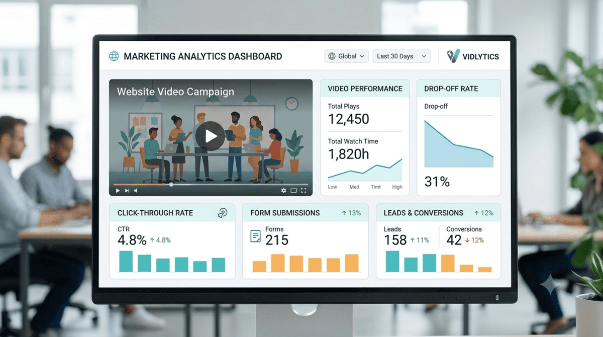 Analytics dashboard measuring website video engagement leads and conversions