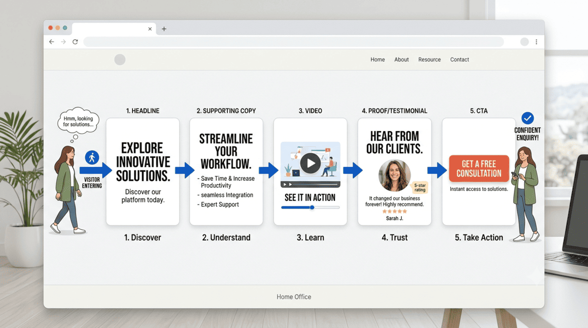 Website conversion journey using video copy testimonials and a clear call to action