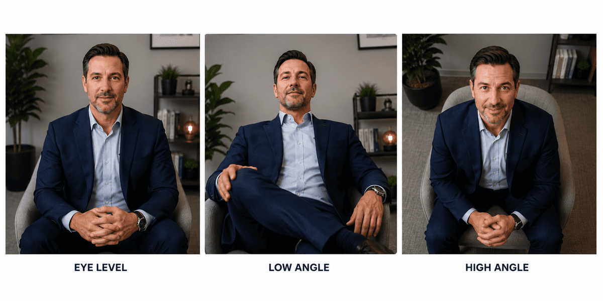 Comparison of eye-level low-angle and high-angle shots in corporate video