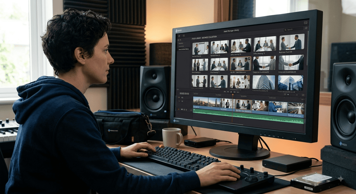 Video editor selecting stock footage for a business video project