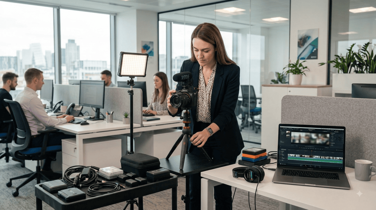 In-house business video production setup with camera lighting and editing equipment