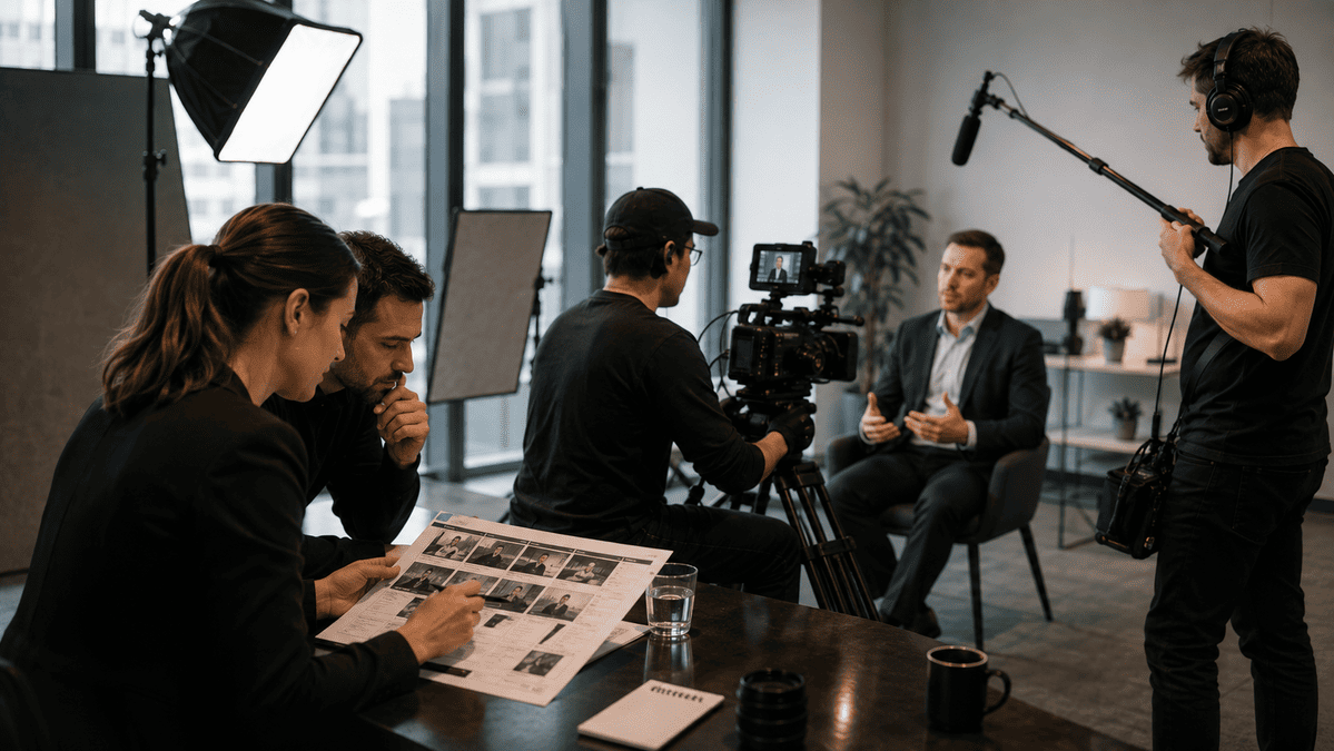 Professional video production team filming and planning a corporate video