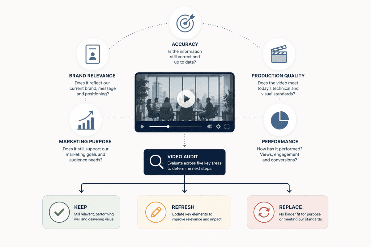 Business video audit framework for evaluating an existing video