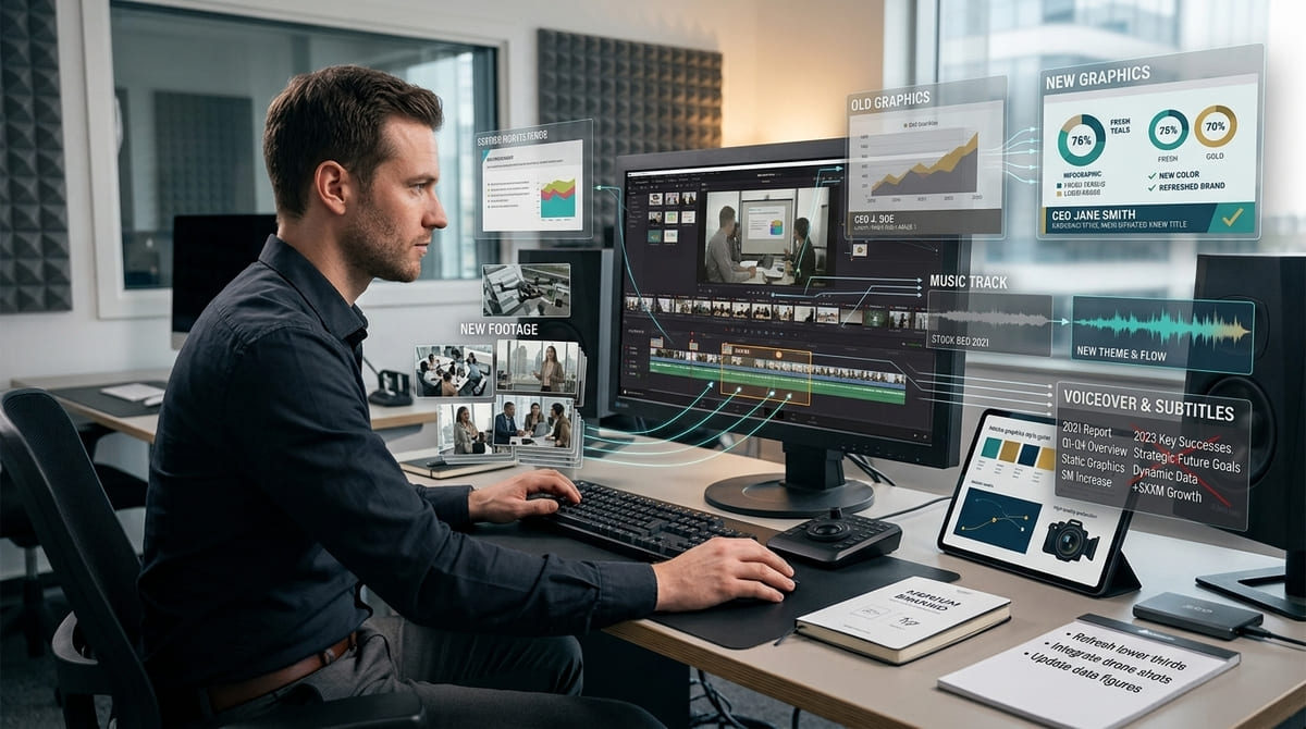 Editing graphics voiceover captions and footage to refresh an existing business video