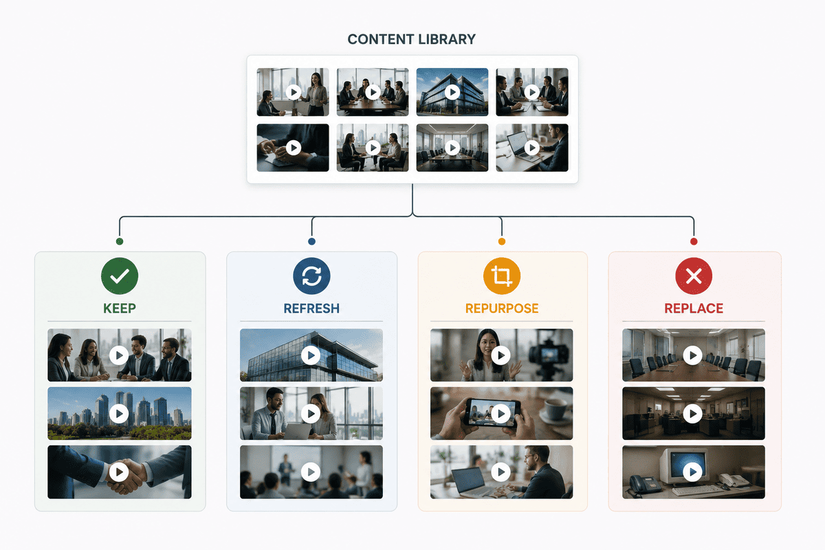 Business video library organised into keep refresh repurpose and replace categories