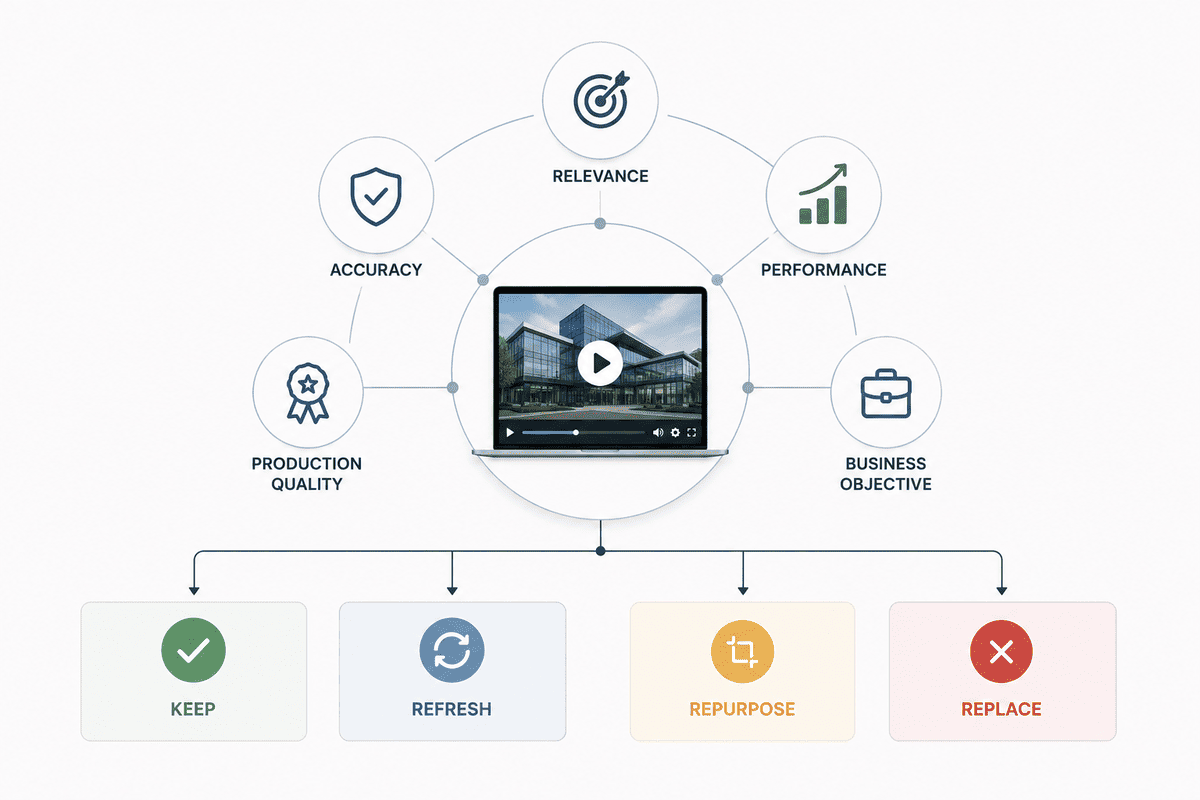 Framework for deciding whether to keep refresh repurpose or replace a business video