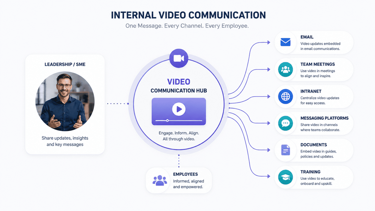 Video connecting employees with business communication and information