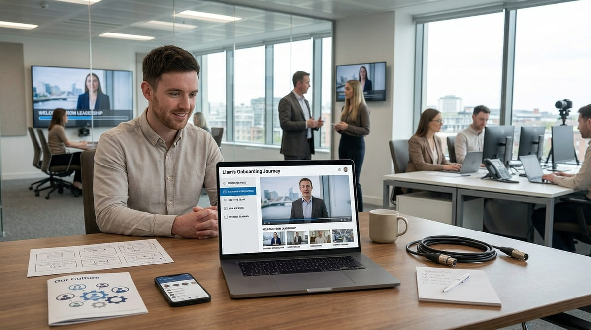 New employee watching video-based company onboarding content