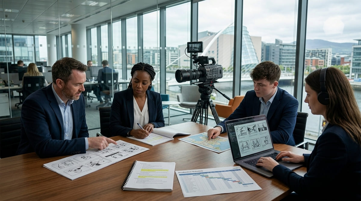 Video production team planning a corporate video before filming