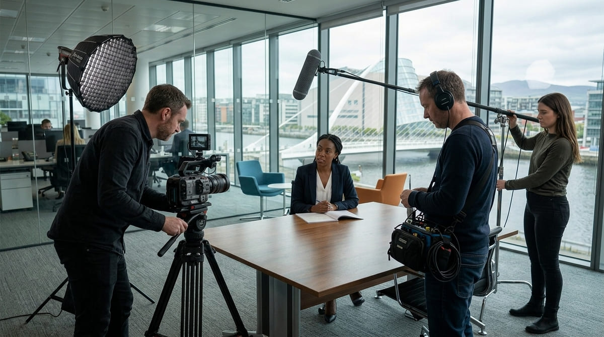 Professional video production crew filming a corporate interview