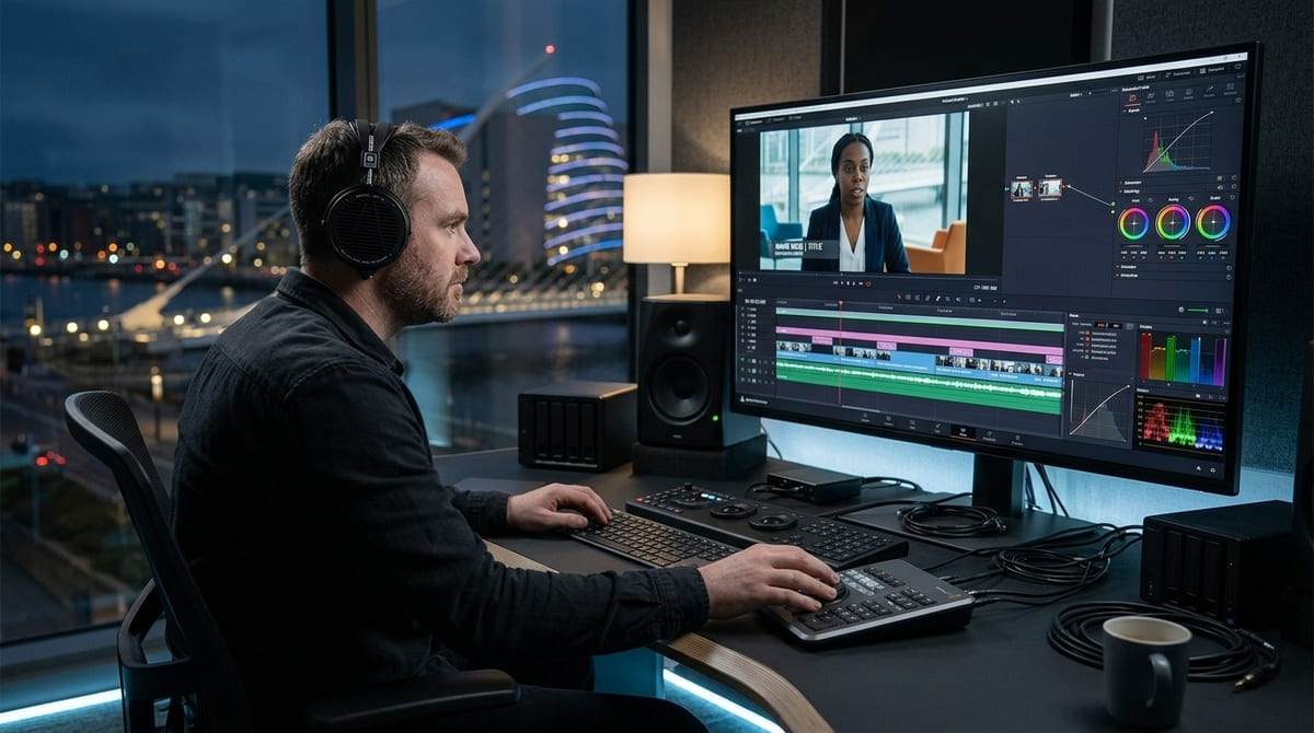 Video editor working on corporate video post-production
