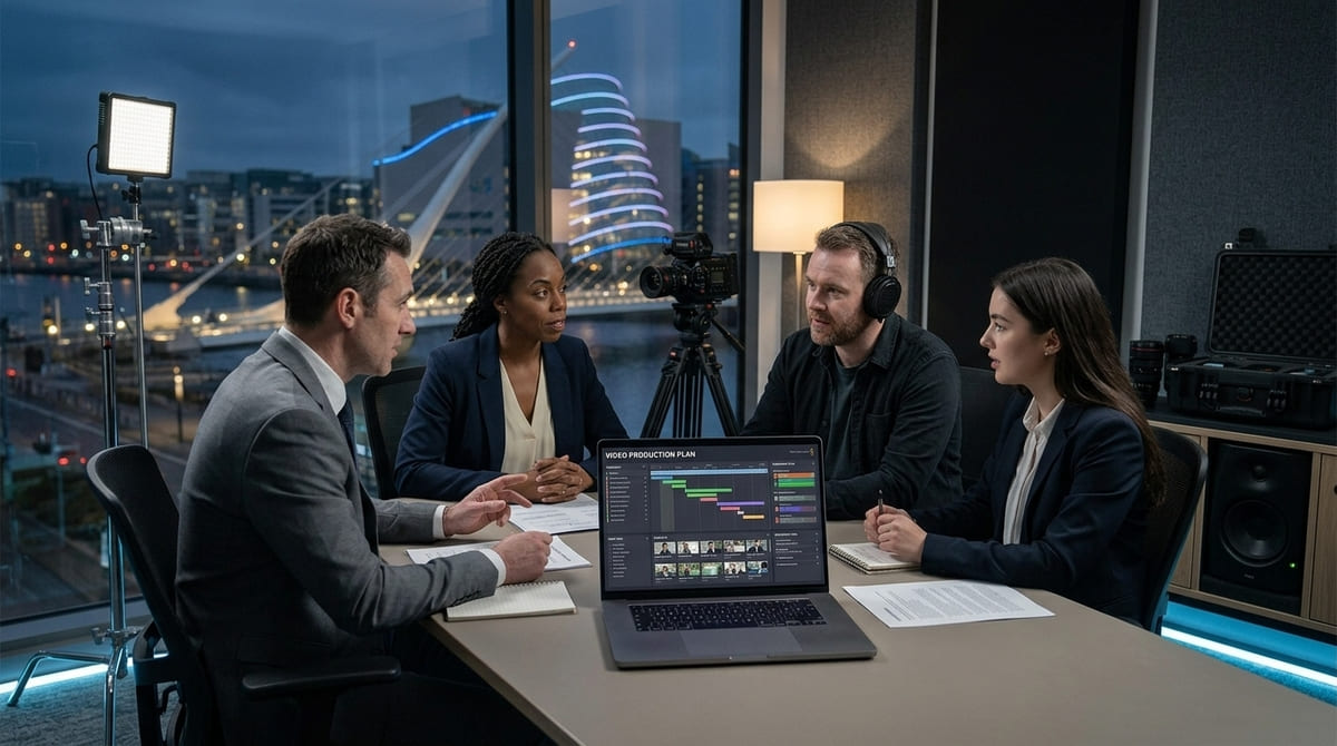 Business client meeting with a professional video production team