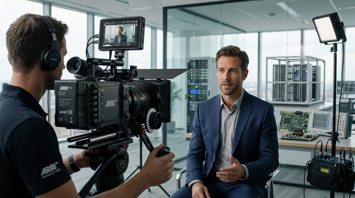 Business expert being professionally filmed during a video interview