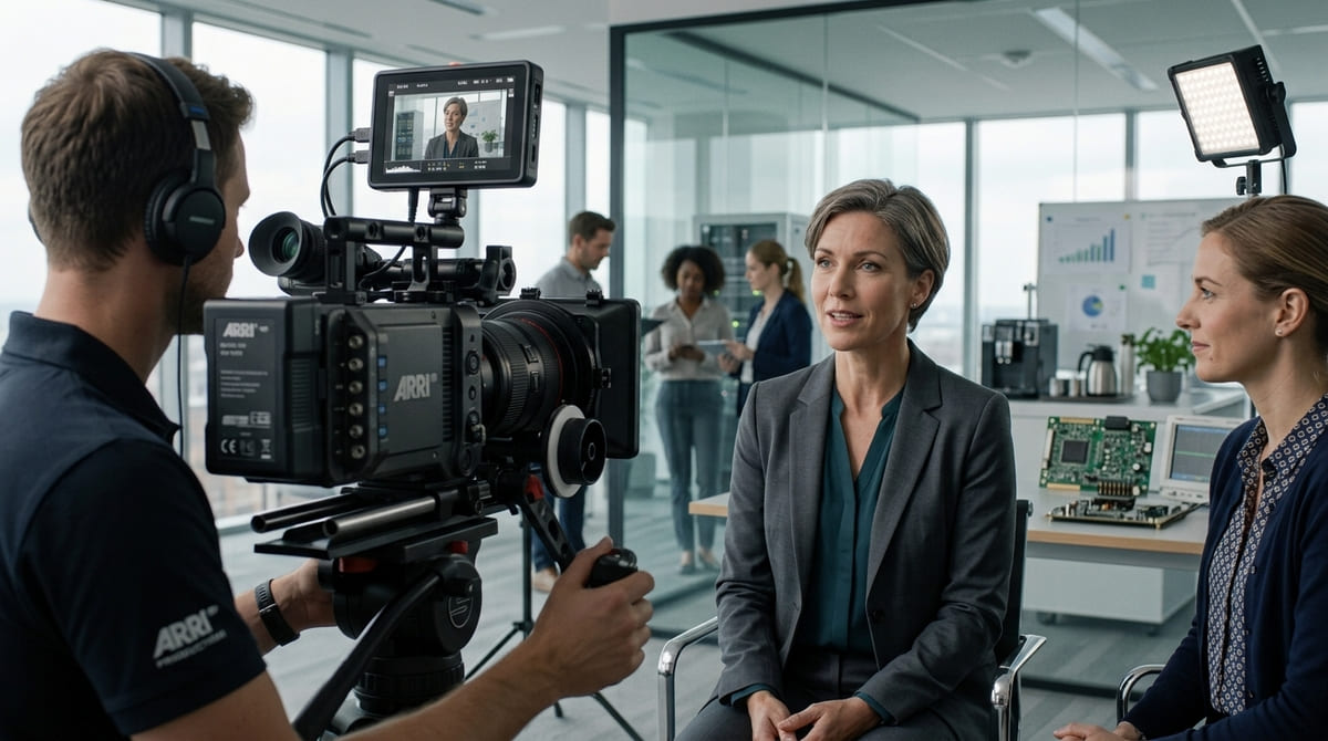 Customer giving a professional video testimonial in their workplace