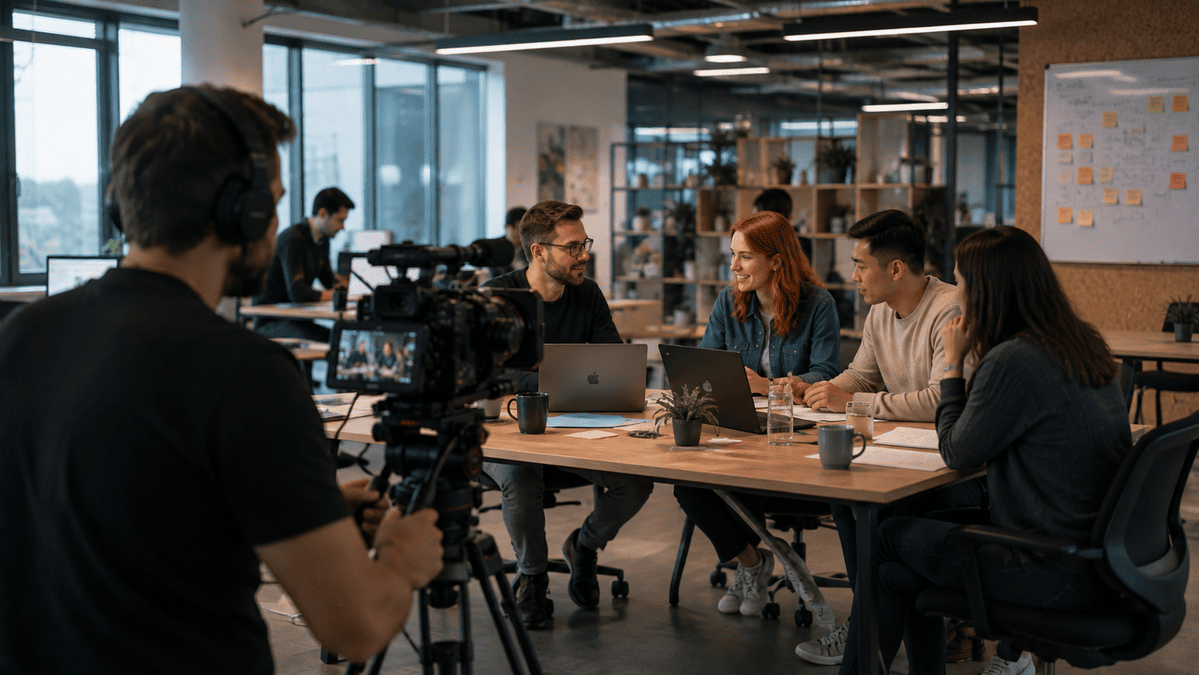 Professional video filming employees in an authentic workplace