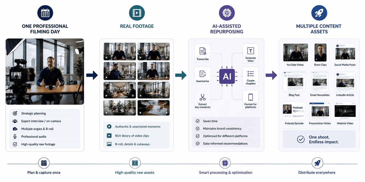 Hybrid video production workflow combining professional filming and AI content repurposing