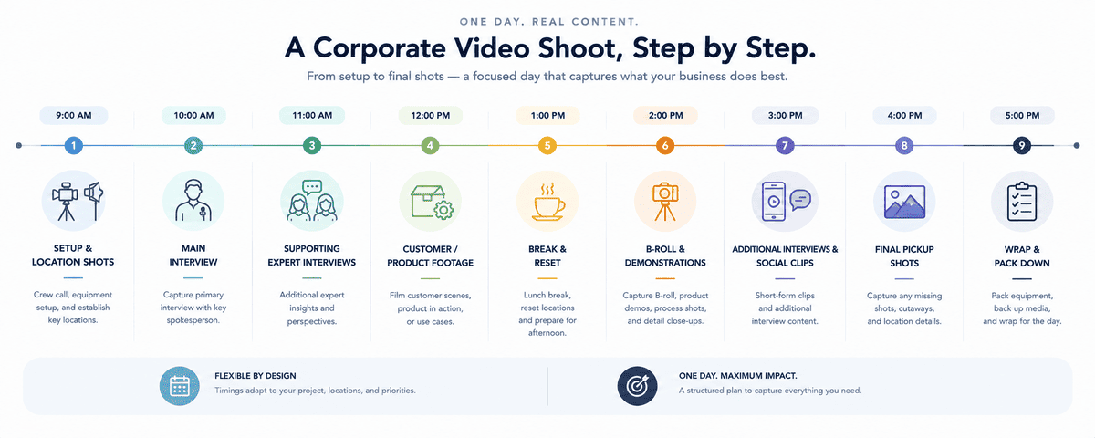 One-day corporate video shoot filming schedule