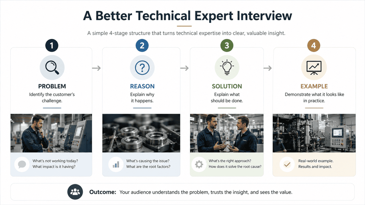 Problem reason solution example framework for technical videos