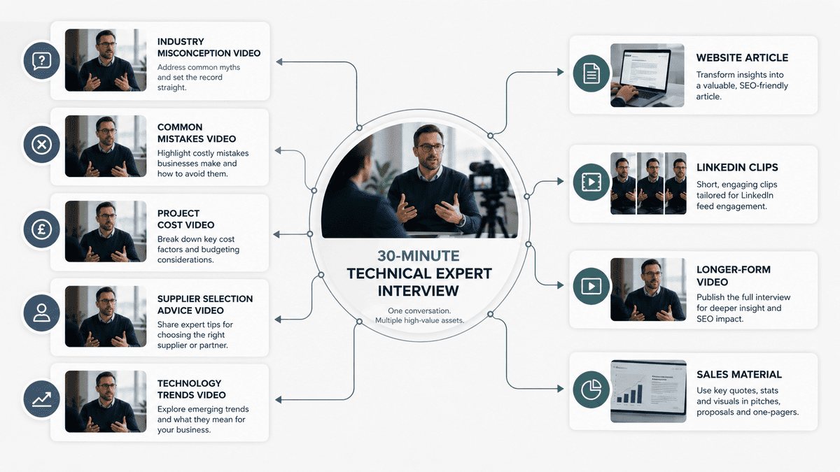 One technical expert interview creating multiple video content assets